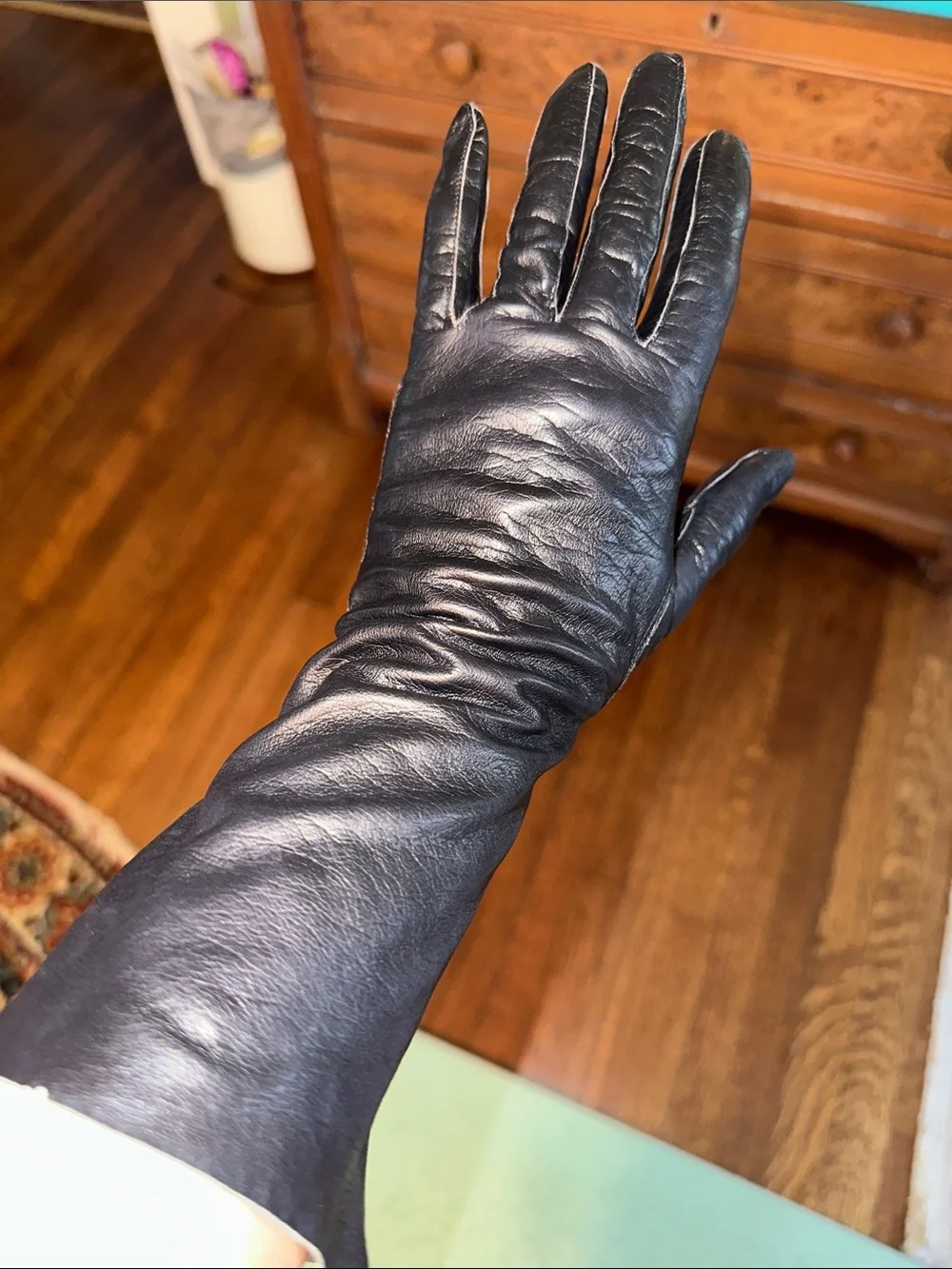 Vintage Long Black Leather Women's Gloves